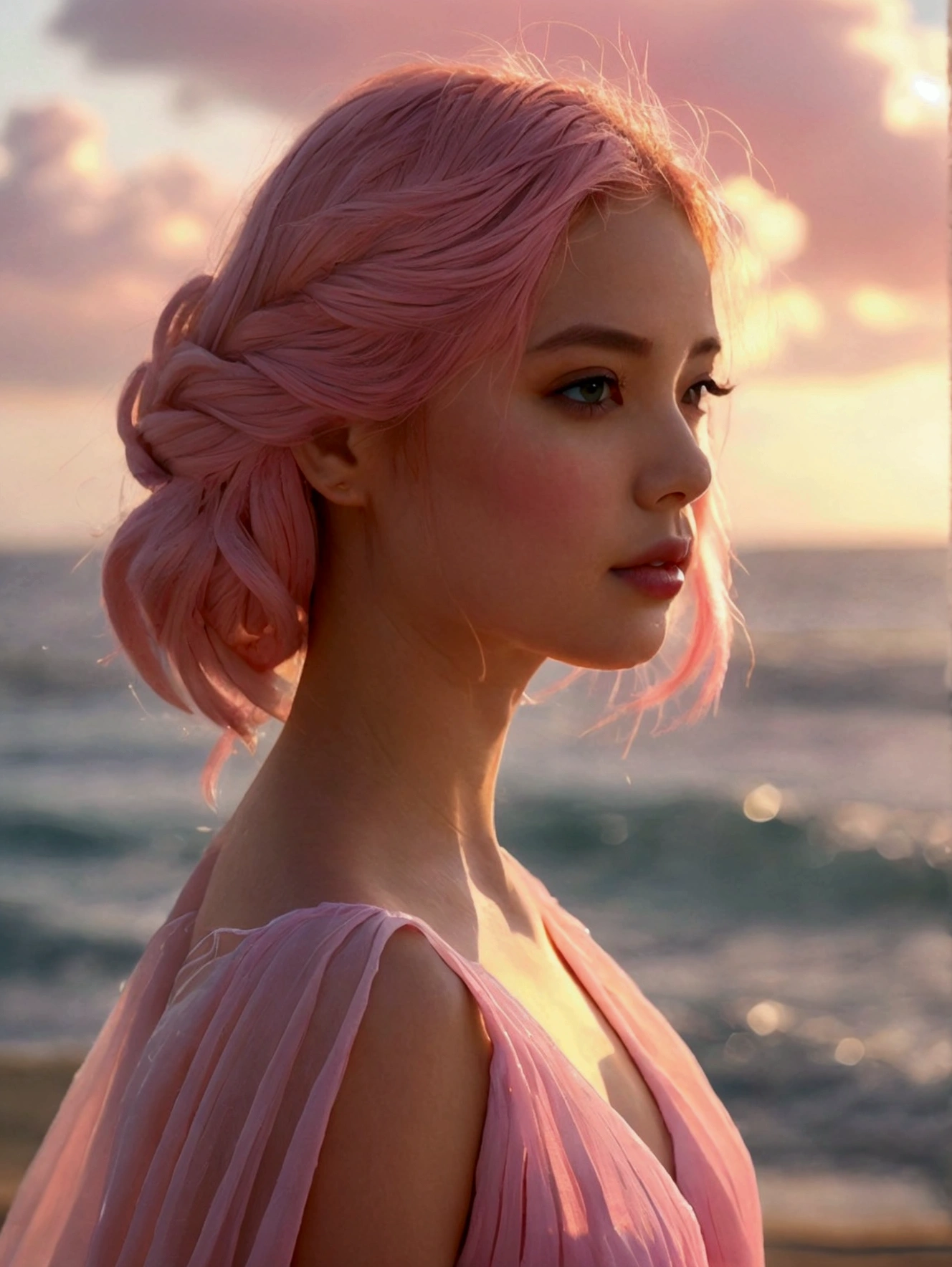 "Capture a high-definition close-up of an elegant woman standing on a serene beach, bathed in soft sunlight. She is wearing a chic pastel pink summer dress that drapes gracefully, complementing her delicate pink skin tone. Her short, flowing pink hair glistens with ethereal, subtle pink flames, creating a striking contrast with her serene surroundings. Her soft, pastel makeup beautifully highlights her refined features. The entire image is suffused with a harmonious pink hue, blending realism and dreamlike artistry. The beach serves as a blurred backdrop, allowing the focus to remain on her, evoking a sense of tranquility and beauty."