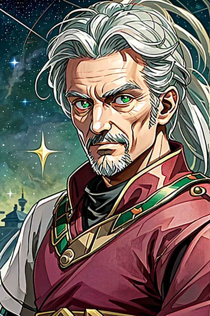 Highest quality, masterpiece, High resolution,，（Caesar），（smug face），Roman Empire，（Starry Sky_background），Old Man，Anime Style, 4K, alone，（whole body）， looking at the camera, （wine-red_coat）（green_Laurel wreath），White Hair，Thin Hair，Beardless face，（Full Finger）, Hyper Detail, (Intricate details),