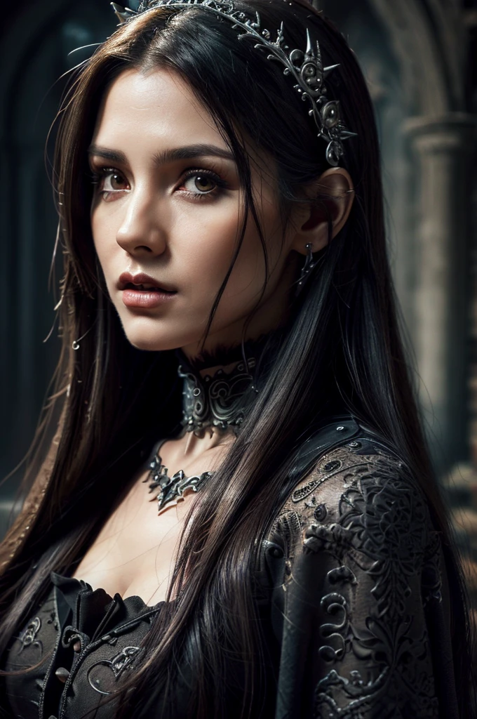 1 European gothic woman, pretty face, long straight hair, ultra detailed face and eyes, hyperrealistic, realistic representation, 30 years old, she is wearing black gothic clothing