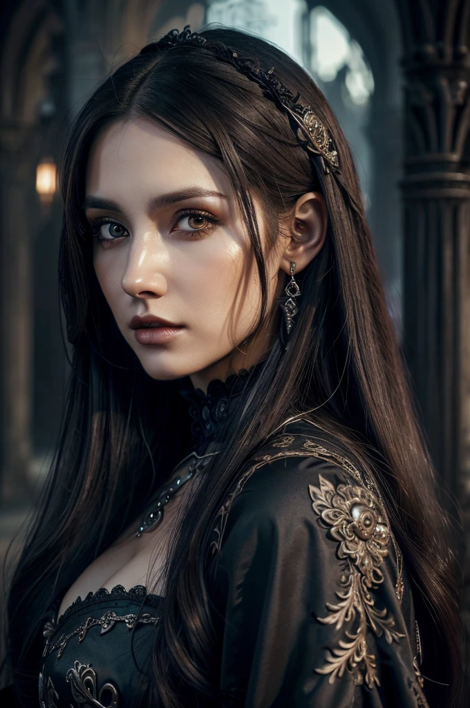 1 European gothic woman, pretty face, long straight hair, ultra detailed face and eyes, hyperrealistic, realistic representation, 30 years old, she is wearing black gothic clothing