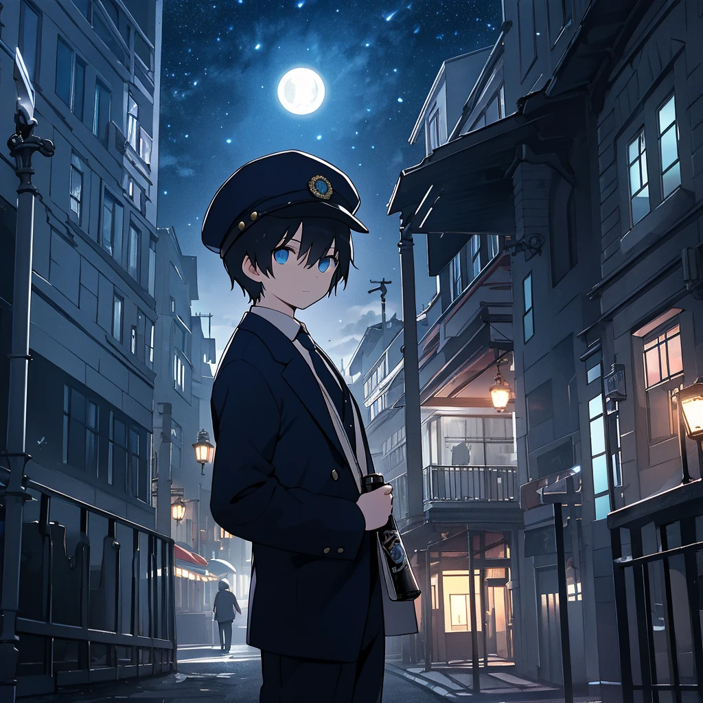 A journalist with short black hair, a man with lapis lazuli eyes, wearing a newsboy cap, Taking a picture under the full moon, high quality, detailed, Cinema Lighting, Gloomy atmosphere, Dramatic Shadows, Vibrant colors,