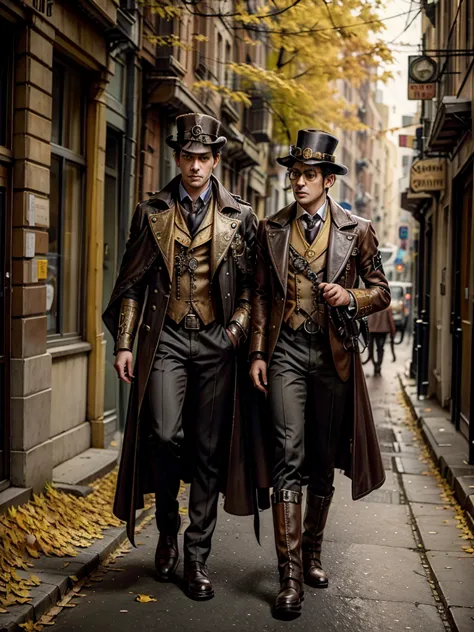 steampunk style, male detective with a dog, on the streets of an old autumn city, yellow leaves, detailed face, big eyes, myster...