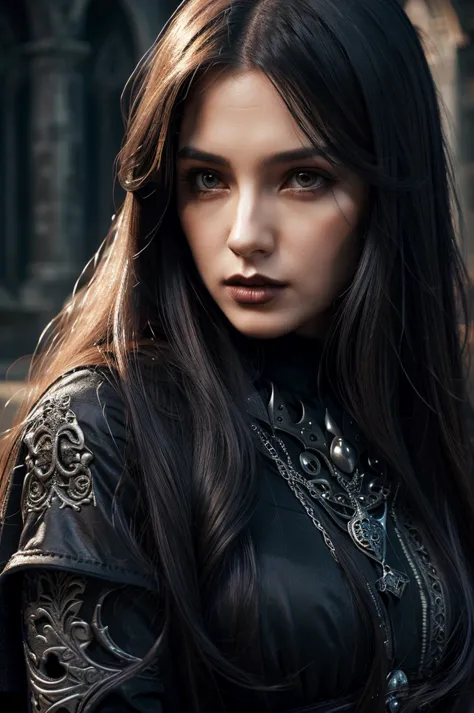 1 european gothic woman, pretty face, long straight hair, ultra detailed face and eyes, hyperrealistic, realistic representation...