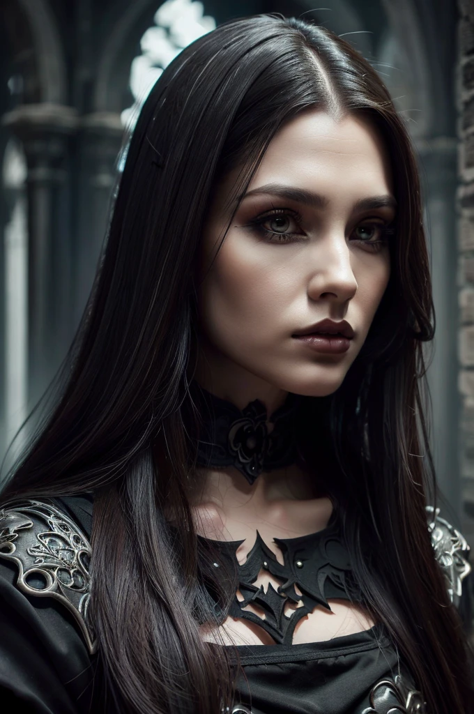 1 European gothic woman, pretty face, long straight hair, ultra detailed face and eyes, hyperrealistic, realistic representation, 30 years old, she is wearing black gothic clothing