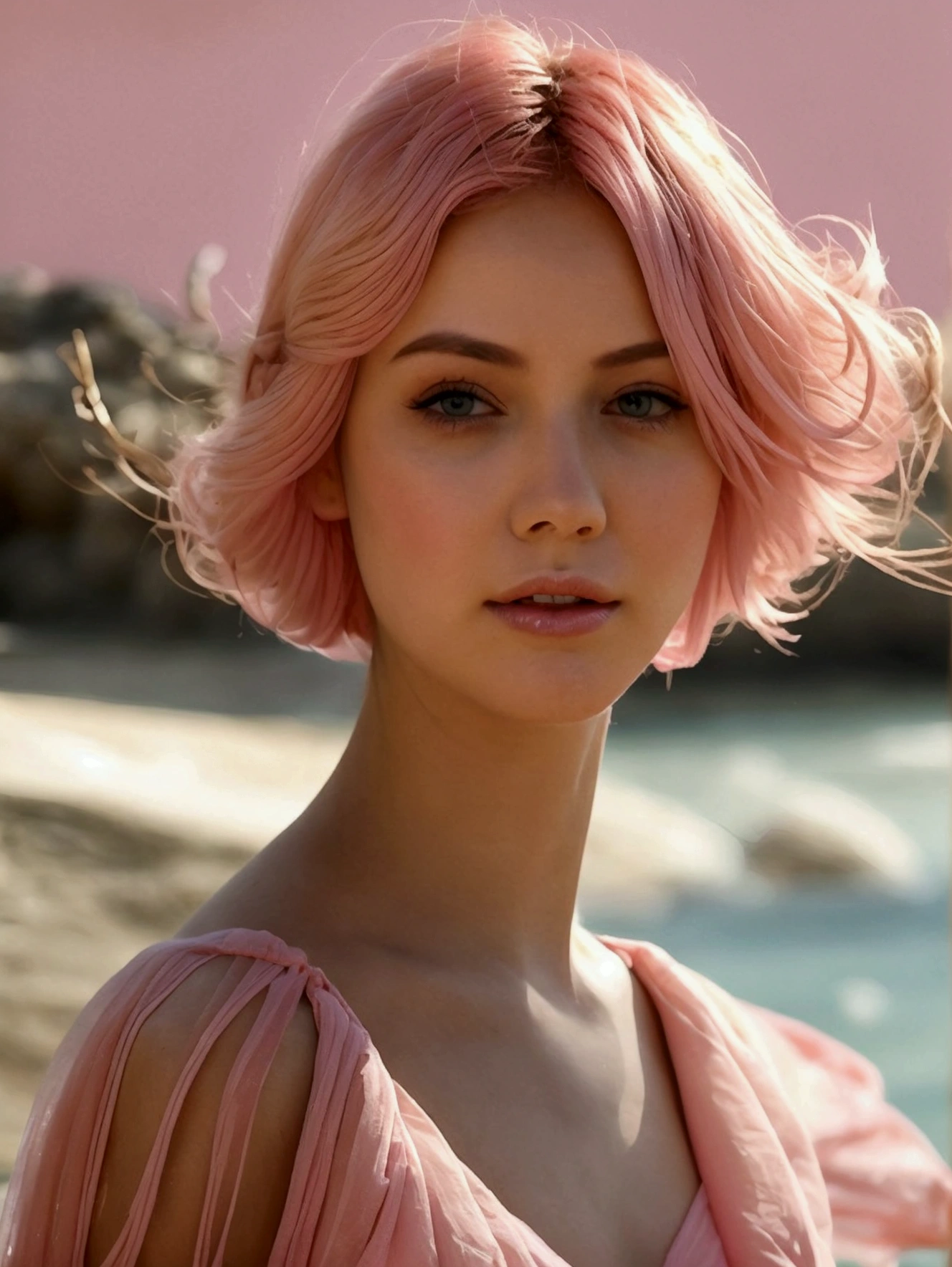 "Capture a high-definition close-up of an elegant woman standing on a serene beach, bathed in soft sunlight. She is wearing a chic pastel pink summer dress that drapes gracefully, complementing her delicate pink skin tone. Her short, flowing pink hair glistens with ethereal, subtle pink flames, creating a striking contrast with her serene surroundings. Her soft, pastel makeup beautifully highlights her refined features. The entire image is suffused with a harmonious pink hue, blending realism and dreamlike artistry. The beach serves as a blurred backdrop, allowing the focus to remain on her, evoking a sense of tranquility and beauty."