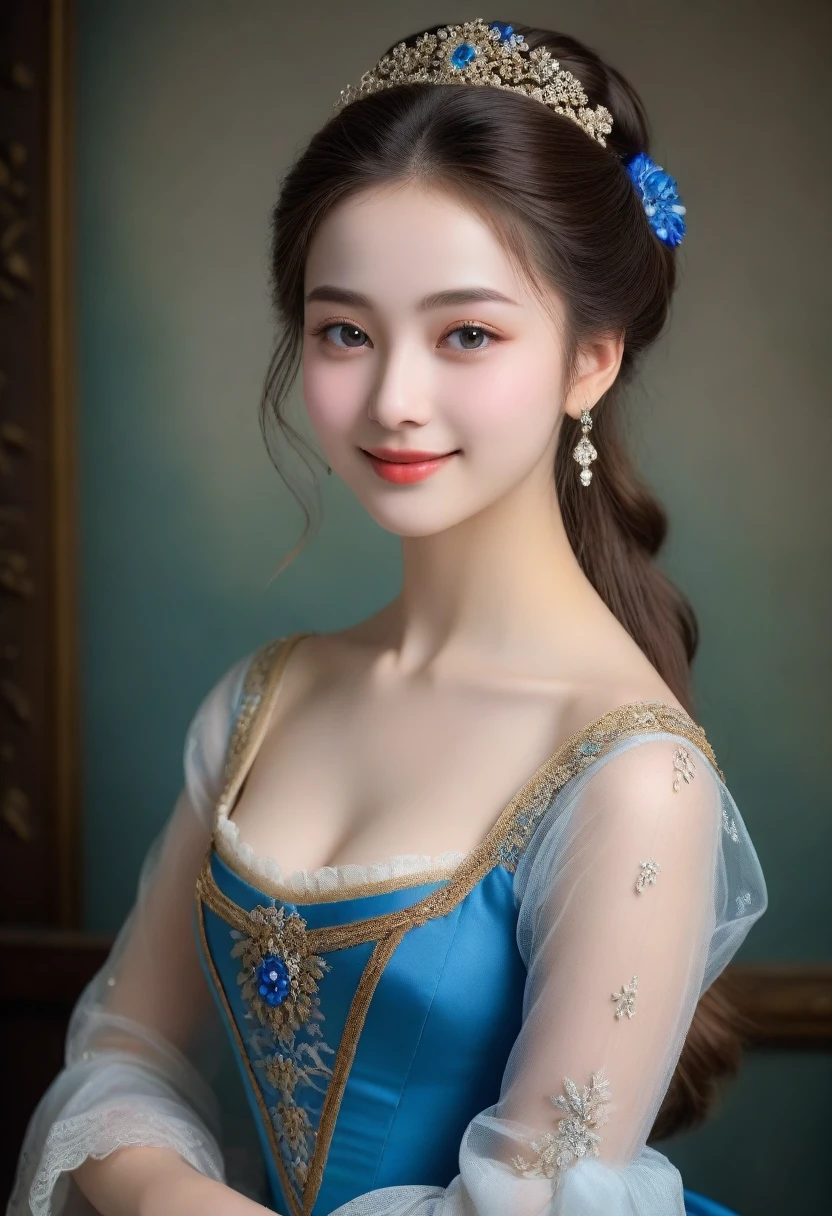 (High resolution,masterpiece:1.2),(Realistic:1.37)"(Highest quality, High resolution, Very detailed, Realistic),A beautiful portrait of a 19th-century beauty, (She is half French and half Japanese., with a bright blue laughing eyes and a high nose:1.1), Exquisite French ballet costume, Detailed facial features, Long and graceful neck, Shiny, flowing straight long hair like a beautiful girl, Graceful posture, Soft and delicate lighting, Classical Oil Painting Medium, Vibrant colors, Delicate background with floral motifs", (Her hair is down,, very long and flowing down her back), Trimmed bangs, Looking at me with a dazzling smile, Beautiful straight hair like a shampoo promotion, 