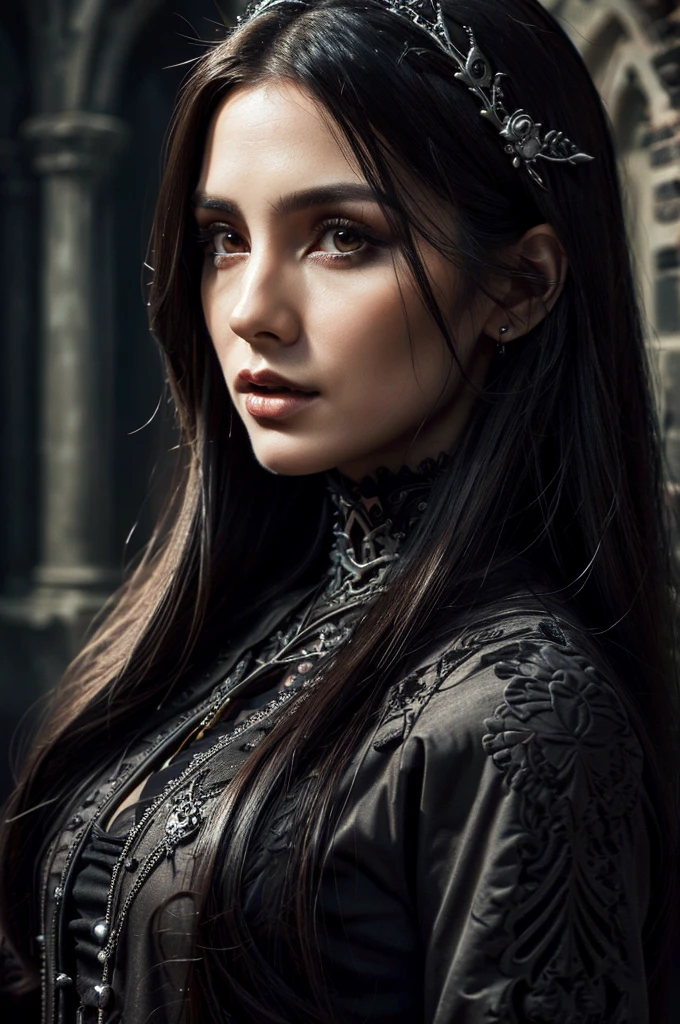 1 European gothic woman, pretty face, long straight hair, ultra detailed face and eyes, hyperrealistic, realistic representation, 30 years old, she is wearing black gothic clothing