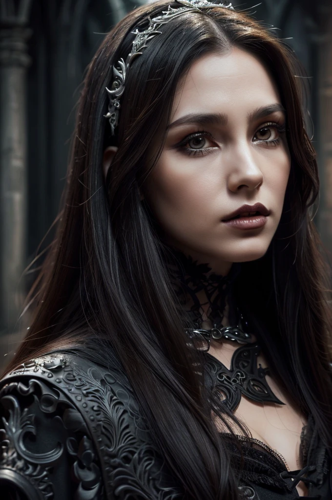 1 European gothic woman, pretty face, long straight hair, ultra detailed face and eyes, hyperrealistic, realistic representation, 30 years old, she is wearing black gothic clothing