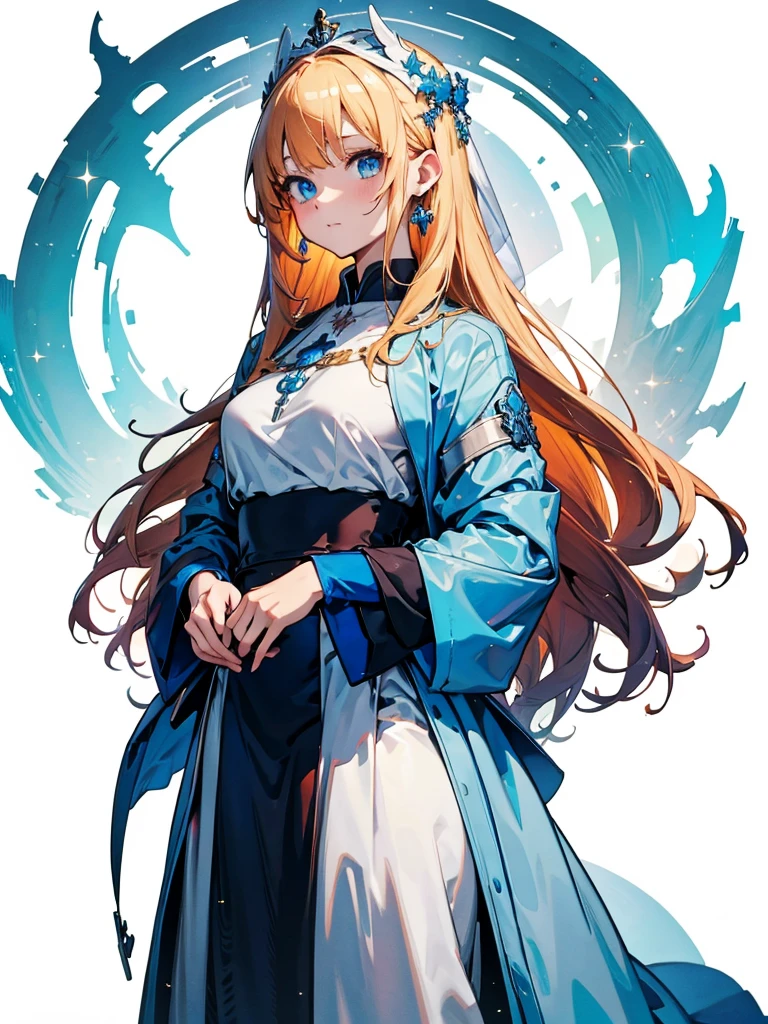 fantasy class,saint,
Clear lines,flin color,
One person,holy,
Blonde,Medium Hair,floining hair,
blue eyes,
Blue Earrings,
白いholyドレス,long heavy dress,
(saint holy hin:0.8),
Cowboy Shot,Looking_in_Audience,
(White Background),
