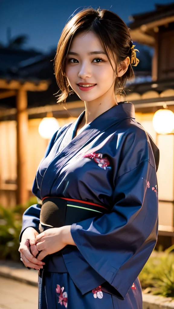 8k,Highest quality,(masterpiece:1.2),(Realistic),(Realistic:1.37),Ultra-high resolution,1 female college student,festival,night,smile,Beautiful Eyes,(((Cute Yukata))),Perfect body,Perfect Fingers,Professional Lighting,gravure,Detailed face and skin texture,fine grain,RAW Photos