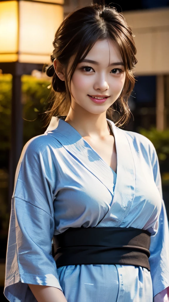 8k,Highest quality,(masterpiece:1.2),(Realistic),(Realistic:1.37),Ultra-high resolution,1 female college student,festival,night,smile,Beautiful Eyes,(((Cute Yukata))),Perfect body,Perfect Fingers,Professional Lighting,gravure,Detailed face and skin texture,fine grain,RAW Photos