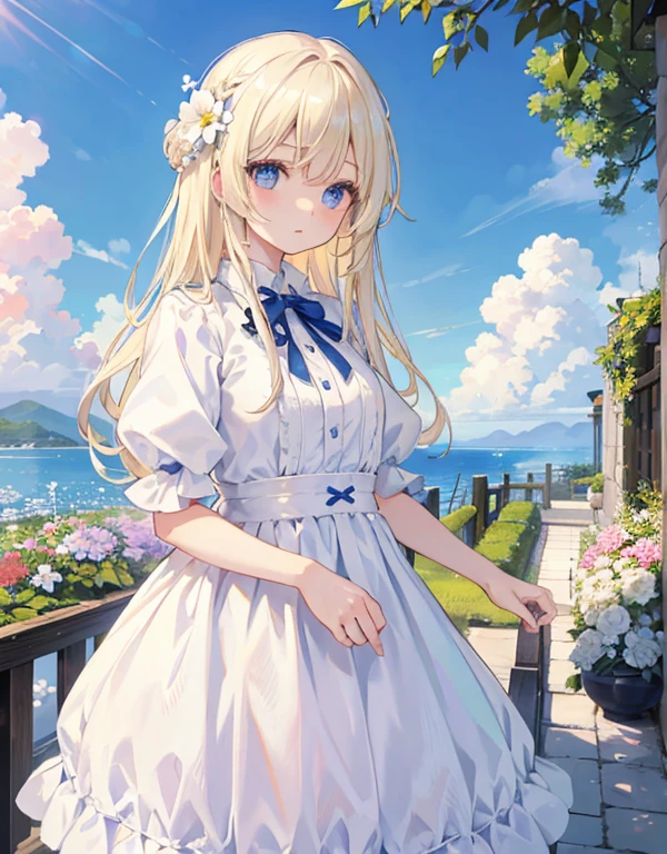 青い目でLight blonde hairの長髪の美女、goddess、White clothes、flower、Detailed landscape、Background、masterpiece, garden, blue sky, Light blonde hair, Long Hair, Long eyelashes、