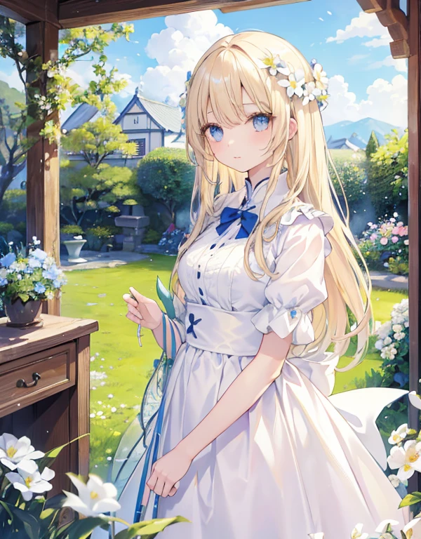 青い目でLight blonde hairの長髪の美女、goddess、White clothes、flower、Detailed landscape、Background、masterpiece, garden, blue sky, Light blonde hair, Long Hair, Long eyelashes、