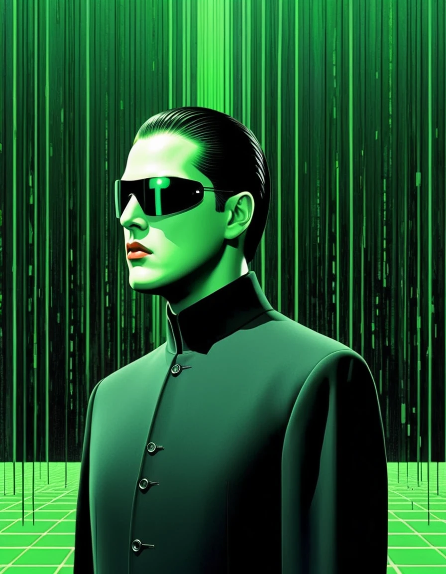 The Matrix movie Neo by René Magritte，Weird misplaced art There are many different things on the face，Geometric Dislocation，Collage，Artistic sense，Painting，paint，Simple，green black shadowy somber action scene Morpheus