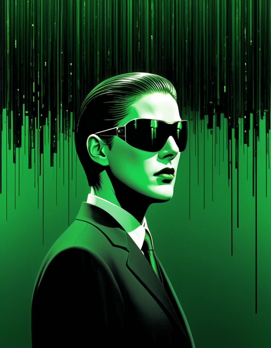 The Matrix movie Neo by René Magritte，Weird misplaced art There are many different things on the face，Geometric Dislocation，Collage，Artistic sense，Painting，paint，Simple，green black shadowy somber action scene Morpheus