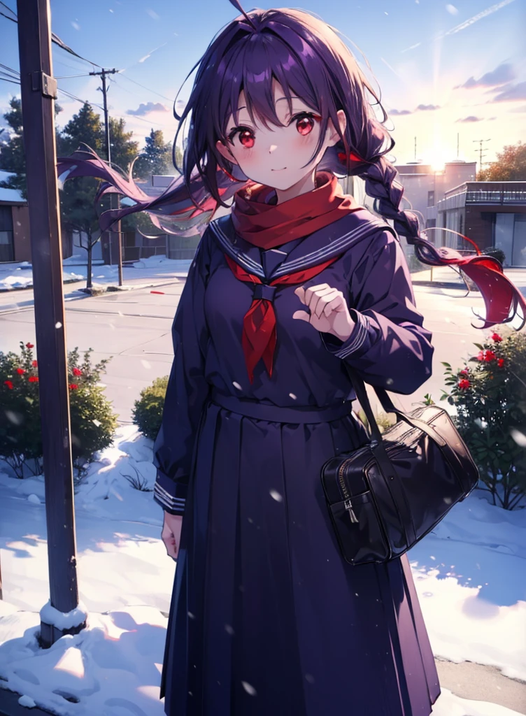 yuukikonno, Yuuki Konno, hair band, Long braids, Pointed Ears, Purple Hair, (Red eyes:1.5), (Small breasts:1.2),smile,blush,White long coat,Red scarf,Purple sailor uniform,Purple pleated skirt,Black pantyhose,Brown loafers,snowが積もっている,snowが降っている,snow,snow,snow,snow, Walking,whole bodyがイラストに入るように,
break looking at viewer, whole body,
break outdoors, School,courtyard,
break (masterpiece:1.2), Highest quality, High resolution, unity 8k wallpaper, (figure:0.8), (Beautiful attention to detail:1.6), Highly detailed face, Perfect lighting, Highly detailed CG, (Perfect hands, Perfect Anatomy),