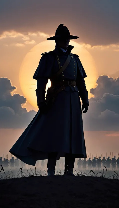 "an enigmatic historical leader standing on a battlefield, his silhouette highlighted by the soft glow of the setting sun, with ...