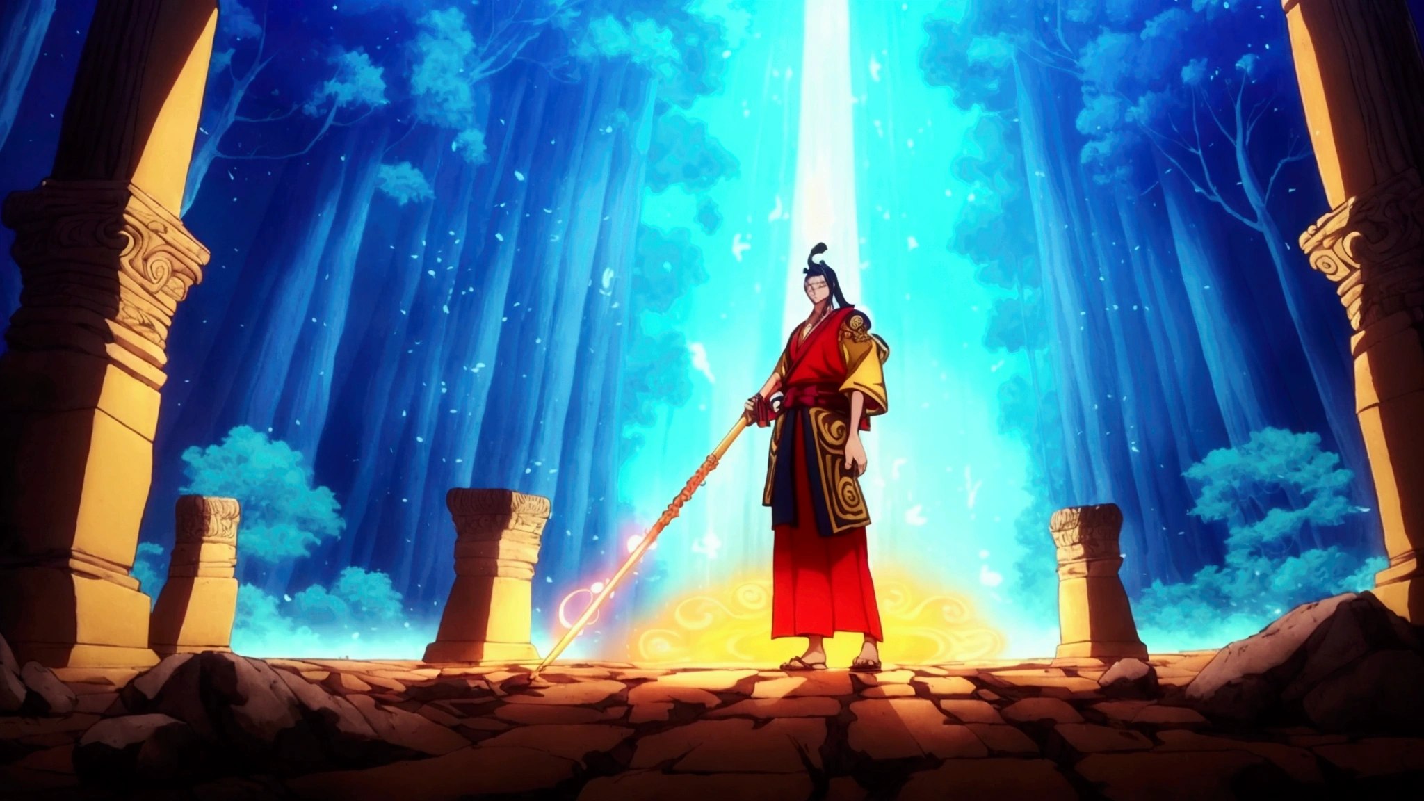 high quality, 8k, anime style, full body, full shot (wide shot) showing the character from head to toe, standing tall with a muscular yet lean build. Nirvana has dark shoulder-length slightly wavy hair, a serious expression, and sharp golden eyes. He is wearing traditional Nusantara clothing inspired by modern fashion, featuring elements of Baju Bodo, Ulos, and Kebaya with intricate patterns. In one hand, he holds a glowing keris, symbolizing his newfound power. The setting includes a tropical forest background with ancient ruins, highlighting his journey and battles. Nirvana is surrounded by a mystical aura, reflecting his role as the Balance Keeper and his abilities to harness and control powerful magic. His posture is slightly tense, with a determined look, embodying his epic journey and the challenges he faces.