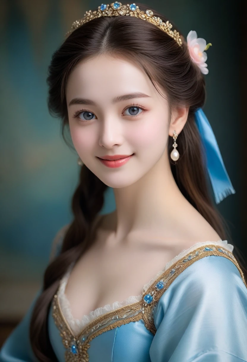 (High resolution,masterpiece:1.2),(Realistic:1.37)"(Highest quality, High resolution, Very detailed, Realistic),A beautiful portrait of a 19th-century beauty, (She is half French and half Japanese., with a bright blue laughing eyes and a high nose:1.1), Exquisite French ballet costume, Detailed facial features, Long and graceful neck, Shiny, flowing straight long hair like a beautiful girl, Graceful posture, Soft and delicate lighting, Classical Oil Painting Medium, Vibrant colors, Delicate background with floral motifs", (Her hair is down,, very long and flowing down her back), Trimmed bangs, Looking at me with a dazzling smile, Beautiful straight hair like a shampoo promotion, 