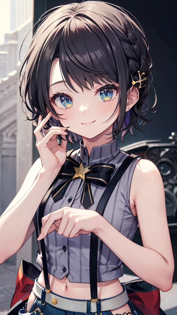 (Highest quality:1.2), (Super detailed:1.2),(masterpiece:1.2),(8k:1.2),(Blessed,Captivating body、Extremely elaborate hands、Very fine eye、Super detailedな肌、Highly detailed face,Detailed Background),ccsubaru, short hair, french braid, hairclip,black bowtie, grey shirt, sleeveless, suspenders, midriff, blue shorts, grey thighhighs, (smiling happily)