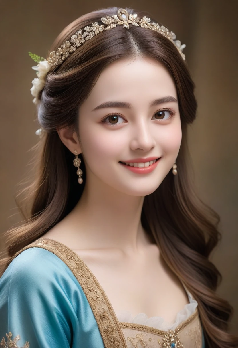 (High resolution,masterpiece:1.2),(Realistic:1.37)"(Highest quality, High resolution, Very detailed, Realistic),A beautiful portrait of a French noblewoman from the 19th century, (She is half French and half Japanese., She's a stunning beauty with laughing, translucent brown eyes and a high nose.:1.1), Exquisite French ballet costume, Detailed facial features, Long and graceful neck, Shiny, flowing straight long hair like a beautiful girl, Graceful posture, Soft and delicate lighting, Classical Oil Painting Medium, Vibrant colors, Delicate background with floral motifs", (Her hair is down,, very long and flowing down her back), Trimmed bangs, Looking at me with a dazzling smile, Beautiful straight hair like a shampoo promotion, 