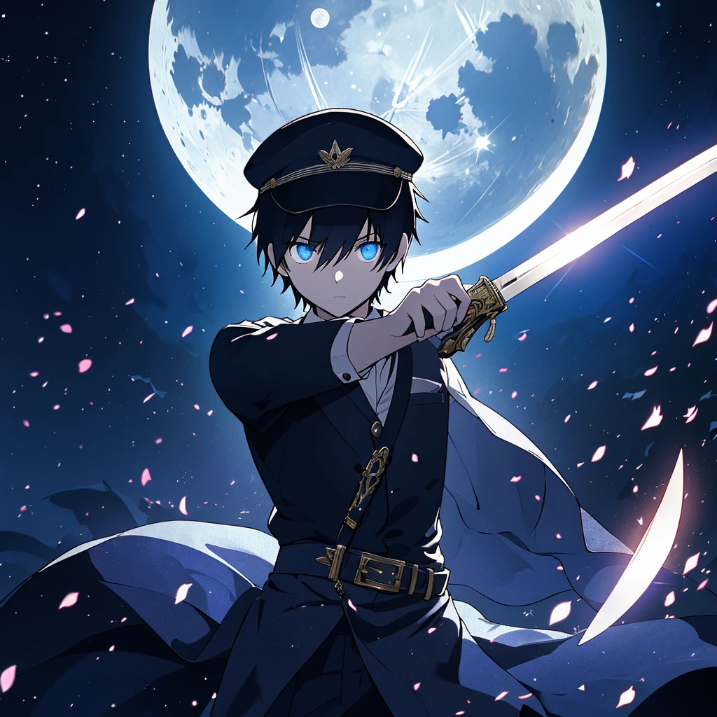 A journalist with short black hair, A man with lapis lazuli eyes, wearing a newsboy cap, Wielding a sword beneath the moon, high quality, detailed, Cinema Lighting, Gloomy atmosphere, Dramatic Shadows, Vibrant colors,