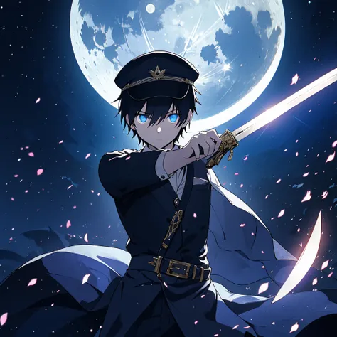 a journalist with short black hair, a man with lapis lazuli eyes, wearing a newsboy cap, wielding a sword beneath the moon, high...