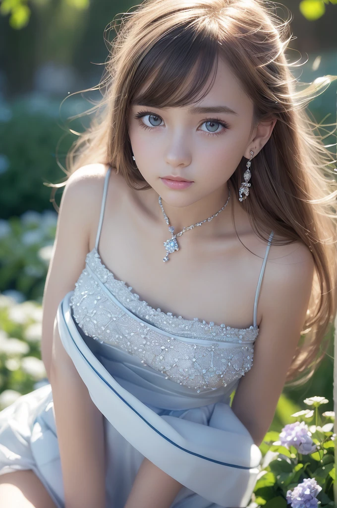 masterpiece, best quality, illustration, sax blue, platinum earrings, platinum necklace, white dress, 1girl, cute, (dynamic lighting:1.2), cinematic lighting, delicate facial features, detailed eyes, sharp pupils, realistic pupils, in a flower garden, depth of field, bokeh, sharp focus, (hyper-detailed, bloom, glow:1.4), many small gems, skirtlift