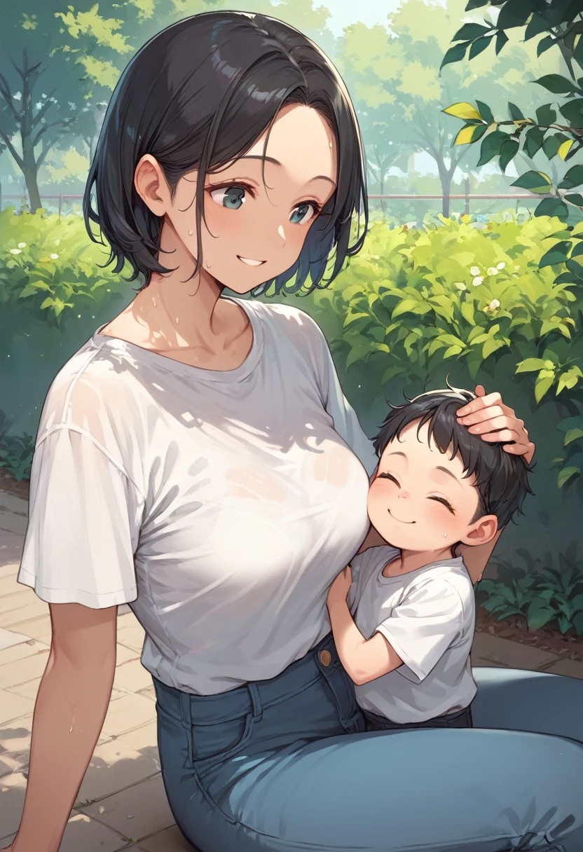 (score_8, score_8_up,masterpiece,highest quality,Perfect Anatomy,Exquisite detailed)(realistic:1.1)mother(tareme0.7)Curvy,medium breasts(sagging breasts:0.4),black hair,short hair,straight hair,parted bangs,shirt,pants,sweaty,smile,Playing at the park with a baby