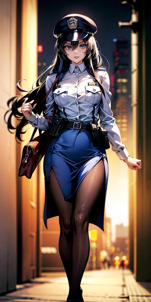 Ridiculous resolution, high resolution, (masterpiece:1.4), Extremely detailed, 1 Girl,blue eyes, Black long hair，Please wear police uniform and short skirt, White handbags、Pantyhose、City Streets,Sexy pose, The camera is close to your body