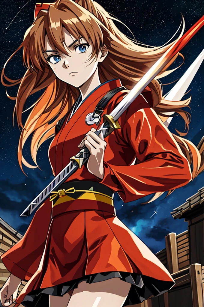 Highest quality, masterpiece, High resolution,，（Asuka Langley），（smug face），He held the spear in his right hand，Evangelion，Ninja、kimono，warrior，（Starry Sky_background），young woman，Anime Style, 4K, alone，whole body， looking at the camera, （Red_coat）Blue Eyes，Brown_hair，（Full Finger）, Hyper Detail, (Intricate details),