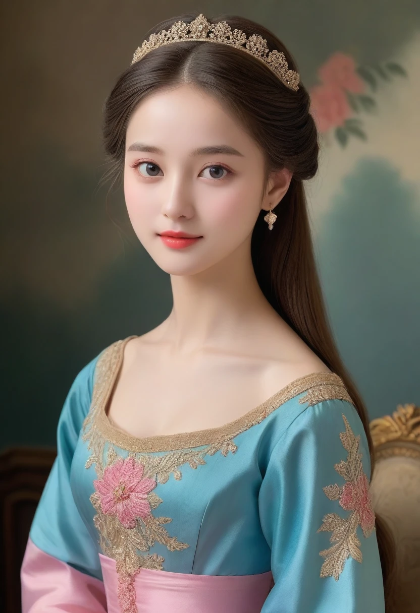 (High resolution,masterpiece:1.2),(Realistic:1.37)"(Highest quality, High resolution, Very detailed, Realistic),A beautiful portrait of a 14-year-old noblewoman in 19th century France, (She is half French and half Japanese., She is a stunning beauty with a beautiful, thin, translucent blue eyes and a high nose.:1.1), Exquisite French ballet costume, Detailed facial features, Long and graceful neck, Shiny, flowing straight long hair like a beautiful girl, Graceful posture, Soft and delicate lighting, Classical Oil Painting Medium, Vibrant colors, Delicate background with floral motifs", (Her hair is down,, very long and flowing down her back), Looking at me with a dazzling smile, (Bobbed hair, Beautiful straight hair like a shampoo promotion), 