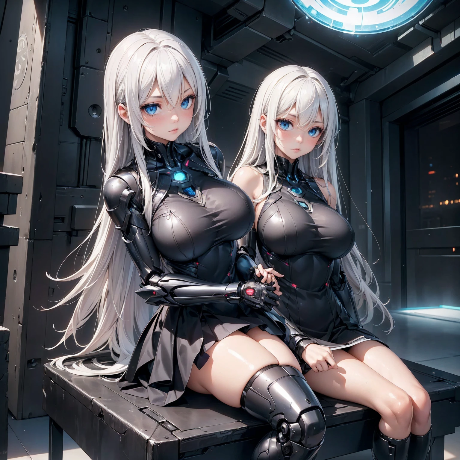 (Absurd Resolution:1.2), (ultra delicate:1.2), (masterpiece:1.2), (Photorealistic), (top-quality), (A girl and alien Robot, Sitting next to each other in the center of the image), futuristic cyberpunk setting, intricate details, BREAK (cute 1girl), (), (finely detailed eyes and finely detailed face:1.2), BREAK (ultra fine-blue-cute-eyes:1.3), (Expression ultra detailed glowing Pupil), (ultra detailed Expression eyelashes), (ultra delicate Long Straight Hair white hair, hairs between eyes), (beautiful Glossy lips), BREAK (slim body and gigantic breasts:1.3), narrow waist, leggy, curvy is body without muscles, (Shiny realistic pale skin texture:1.2), (sweaty skin:1.0), precise anatomy, (4 defined fingers), (1 defined t thumb), breathtaking expression, BREAK (intricate black-Mechanical-Armor-dress, bare-Thighs:1.2), glowing energy orbs, BREAK Seductive pose, (Crisp focus, eye focus:1.2), (full body shot, shoot from front, high angle shot), BREAK cinematic composition, vibrant colors, A alien Robot sits next to the girl, watching over her, 