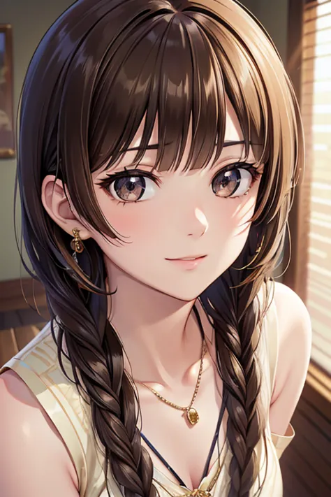 yuno shimazu、shiny brown hair,long hair,  、((2 braids:1.5、hair that falls over the shoulders)),beautiful brown eyes、sparkling ey...