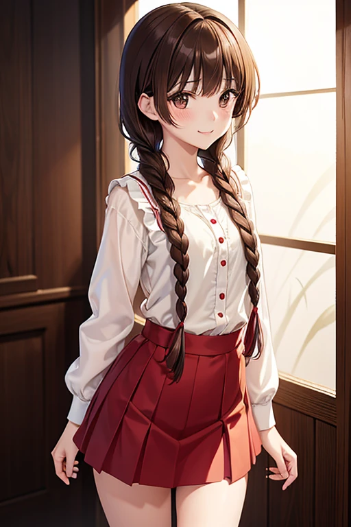 Yuno Shimazu、Shiny brown hair,Long Hair,  、((2 braids:1.5、Hair that falls over the shoulders)),Beautiful brown eyes、Sparkling eyes, Fine grain、smile、Ultra-detailed eyes、Highly detailed face, Highly detailed eyes,Cowboy Shot、


high resolution、High resolution、Accurate anatomy、
She was wearing a white short-sleeved shirt and a red suspender miniskirt.、Ribbon ties are red、Suspender miniskirt is red、Slender、、low length、standing、blush、Laughter、Head to Knee、Simple Background、