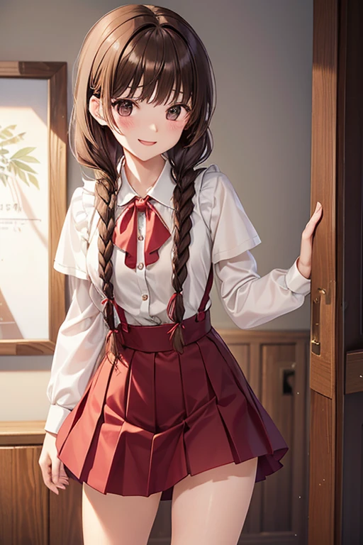 Yuno Shimazu、Shiny brown hair,Long Hair,  、((2 braids:1.5、Hair that falls over the shoulders)),Beautiful brown eyes、Sparkling eyes, Fine grain、smile、Ultra-detailed eyes、Highly detailed face, Highly detailed eyes,Cowboy Shot、


high resolution、High resolution、Accurate anatomy、
She was wearing a white short-sleeved shirt and a red suspender miniskirt.、Ribbon ties are red、Suspender miniskirt is red、Slender、、low length、standing、blush、Laughter、Head to Knee、Simple Background、