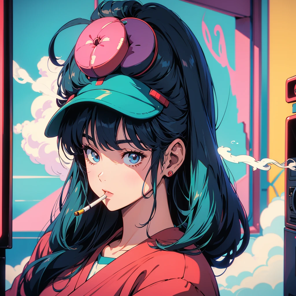 Retro arcade anime girl, 80年代のAnime atmosphere, 80s anime style, Retro anime, 1980's anime style, Retro anime images, Anime atmosphere, Playing games, smoking a cigarette, smoking