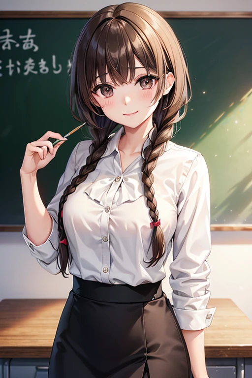 Yuno Shimazu、Shiny brown hair,Long Hair,  、((2 braids:1.5、Hair that falls over the shoulders)),Beautiful brown eyes、Sparkling eyes, Fine grain、smile、Ultra-detailed eyes、Very detailed顔, Very detailed目,Cowboy Shot、


high resolution、High resolution、Accurate anatomy、
Cowboy Shot, Very detailed, Highest quality, masterpiece, figure, Game CG, Button-down shirt, Pencil Skirt, ID Badges, classroom, blackboard
