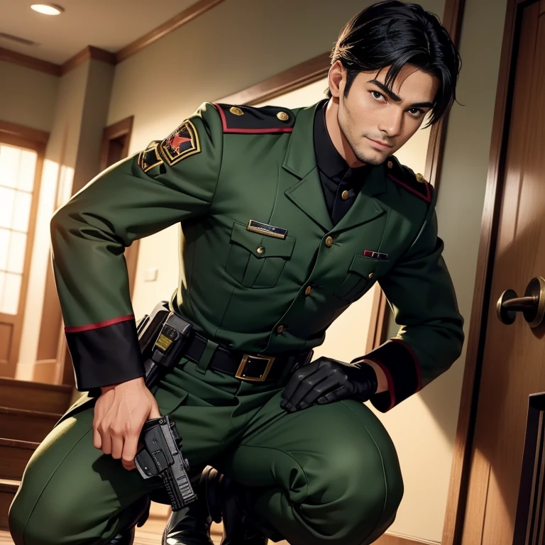 anime、Zeon Army soldiers、30 years old,One Man,、Dark green military uniform、Shocker Belt、Black gloves、Brown boots、With a handgun on his hip、stairs in front of the door、squat、logic, ,Black Hair。Pretty short and even shorter short hair、Tall, handsome military officer　Asian Face　Stubble、　The crotch area of my pants is bulging　Smiling and putting your arm around someone&#39;s shoulder