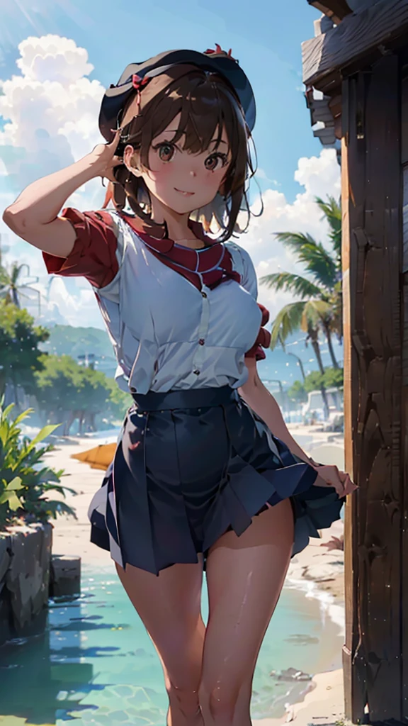 (Cute Smile、Black short bob)、((Clothed Big Tits、Pure white blouse))、((Light blue flared skirt、The wind blows up her skirt and her underwear is visible、Cute underwear in white))、Bare feet and naked feet、((Sandy beach, sea and blue sky、A yacht on the sea))、((The face is in focus and the background is blurred、Shallow depth of field))、Realistic、Standing posture、((C cup small breasts、Closer valley、Pie Slash))、(A vibrant crimson long coat over a blouse、She spreads her crimson long coat with both hands.)、(A light blue bra is clearly visible through the wet blouse.、Light blue wired bra)、(Black cane、Wooden walking stick、Hold one in your right hand)、(A bright red witch's hat、Bright red hat)