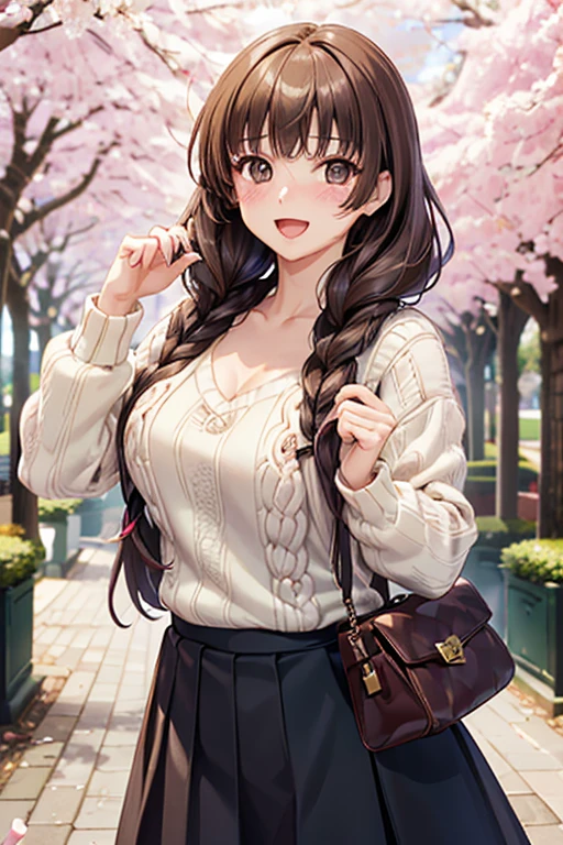 Yuno Shimazu、Shiny brown hair,Long Hair,  、((2 braids:1.5、Hair that falls over the shoulders)),Beautiful brown eyes、Sparkling eyes, Fine grain、smile、Ultra-detailed eyes、非常にDetailed face, Highly detailed eyes,Cowboy Shot、


((masterpiece, Highest quality, High resolution, 超High resolution, Pixel perfect, Depth of written boundary, 4K, RTTX 10.0, High resolution))),
 alone, Beautiful Anime, Beautiful art style, Anime characters, 
  ((Detailed face, blush:1.2)), ((Smooth texture:0.75, Realistic texture:0.65, Realistic:1.1, Anime CG style)), 
  Medium chest, Dynamic Angle, Perfect body, Cleavage, ((throw, Dynamic pose, Portraiture)), ((White sweater, Long sleeve, Black Skirt, Checked skirt, Fashionable, 1 handbag)), smile, Open your mouth, amusement park, ((Cherry tree, Cherry blossoms fall))