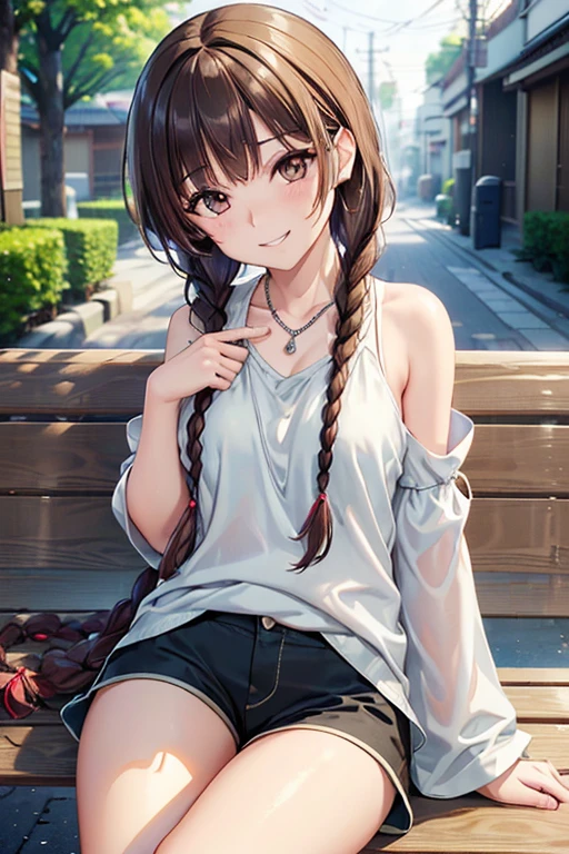 Yuno Shimazu、Shiny brown hair,Long Hair,  、((2 braids:1.5、Hair that falls over the shoulders)),Beautiful brown eyes、Sparkling eyes, Fine grain、smile、Ultra-detailed eyes、Highly detailed face, Highly detailed eyes,Cowboy Shot、


((masterpiece, Highest quality, High resolution, 超High resolution, Pixel perfect, Depth of written boundary, 4K, RTTX 10.0, High resolution))),
 ((Detailed face description)), (((Perfect balance))), (((alone))), (()), (grinned)), (Slanted Eyes), (Sit on a bench), (grinned), ((No sleeve), (necklace)), (shirt), (Shorts), ((Tokyo Background)),