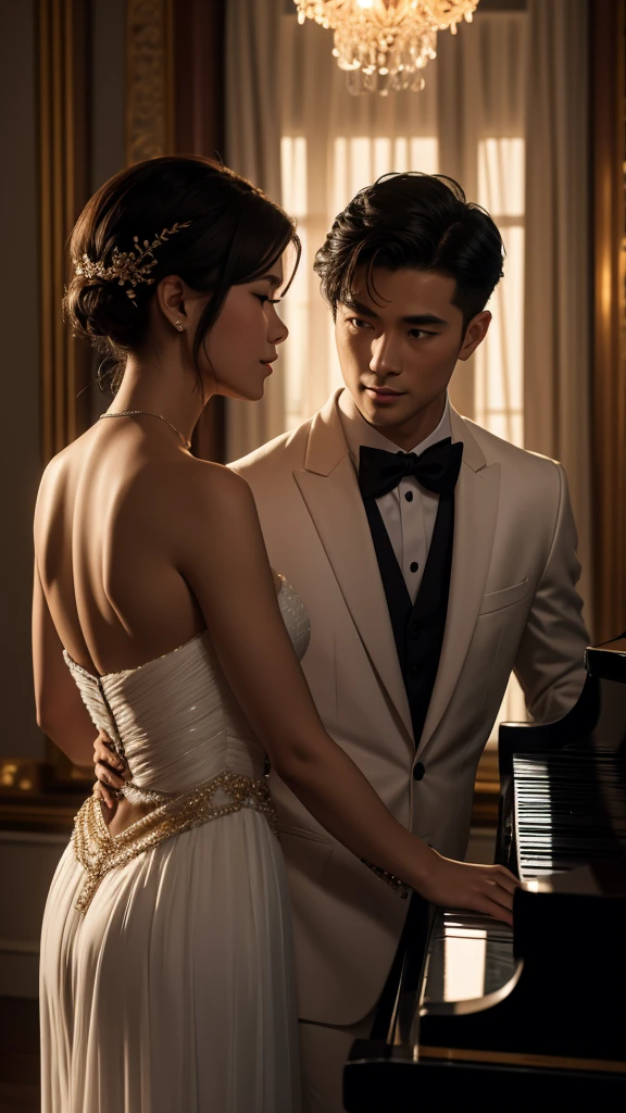 A handsome Thai man in a dark grey suit is playing the piano in the middle of the room. A short-haired young woman in a light pink strapless evening gown is standing next to him singing happily. The light in the room is in a warm white tone, romantic and beautiful. The picture and light are as beautiful as a scene in a romantic movie