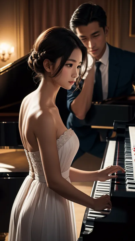 a handsome thai man in a dark grey suit is playing the piano in the middle of the room. a short-haired young woman in a light pi...