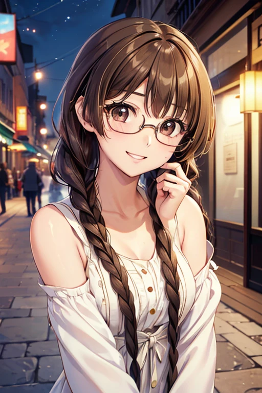 Yuno Shimazu、Shiny brown hair,Long Hair,  、((2 braids:1.5、Hair that falls over the shoulders)),Beautiful brown eyes、Sparkling eyes, Fine grain、smile、Ultra-detailed eyes、Highly detailed face, Highly detailed eyes,Cowboy Shot、


((masterpiece, Highest quality, High resolution, 超High resolution, Pixel perfect, Depth of written boundary, 4K, RTTX 10.0, High resolution))),
masterpiece、High resolution、High resolution、High resolution、1 female、Very close、((Depiction of only the upper body))、((Brown Hair))、((Round frame glasses))、、優しいsmile、Smiling with teeth showing、((Late Night City))、