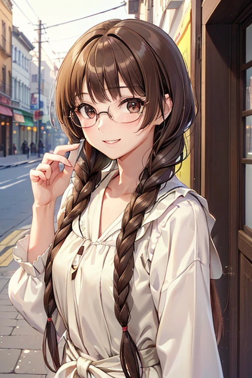 Yuno Shimazu、Shiny brown hair,Long Hair,  、((2 braids:1.5、Hair that falls over the shoulders)),Beautiful brown eyes、Sparkling eyes, Fine grain、smile、Ultra-detailed eyes、Highly detailed face, Highly detailed eyes,Cowboy Shot、


((masterpiece, Highest quality, High resolution, 超High resolution, Pixel perfect, Depth of written boundary, 4K, RTTX 10.0, High resolution))),
masterpiece、High resolution、High resolution、High resolution、1 female、Very close、((Depiction of only the upper body))、((Brown Hair))、((Round frame glasses))、、優しいsmile、Smiling with teeth showing、((Late Night City))、