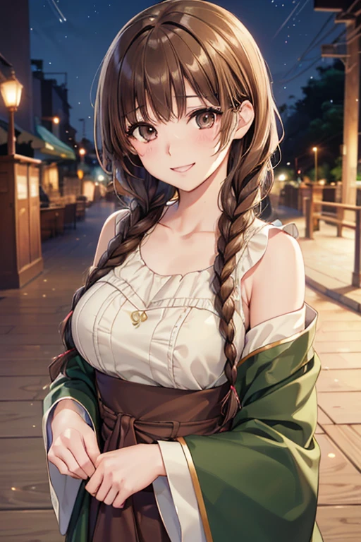 Yuno Shimazu、Shiny brown hair,Long Hair,  、((2 braids:1.5、Hair that falls over the shoulders)),Beautiful brown eyes、Sparkling eyes, Fine grain、smile、Ultra-detailed eyes、Highly detailed face, Highly detailed eyes,Cowboy Shot、


((masterpiece, Highest quality, High resolution, 超High resolution, Pixel perfect, Depth of written boundary, 4K, RTTX 10.0, High resolution))),
masterpiece、High resolution、High resolution、High resolution、1 female、Very close、((Depiction of only the upper body))、((Brown Hair))、優しいsmile、Smiling with teeth showing、((Late Night City))、