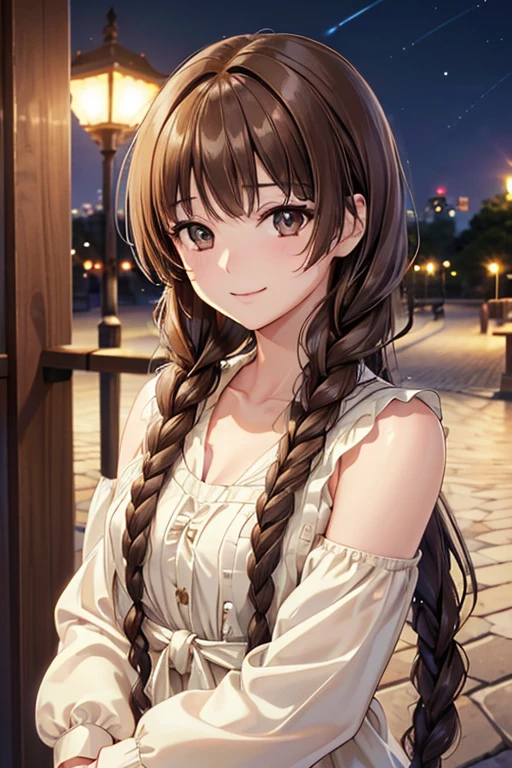 Yuno Shimazu、Shiny brown hair,Long Hair,  、((2 braids:1.5、Hair that falls over the shoulders)),Beautiful brown eyes、Sparkling eyes, Fine grain、smile、Ultra-detailed eyes、Highly detailed face, Highly detailed eyes,Cowboy Shot、


((masterpiece, Highest quality, High resolution, 超High resolution, Pixel perfect, Depth of written boundary, 4K, RTTX 10.0, High resolution))),
masterpiece、High resolution、High resolution、High resolution、1 female、Very close、((Depiction of only the upper body))、((Brown Hair))、優しいsmile、Smiling with teeth showing、((Late Night City))、