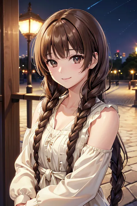 yuno shimazu、shiny brown hair,long hair,  、((2 braids:1.5、hair that falls over the shoulders)),beautiful brown eyes、sparkling ey...