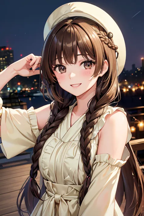 yuno shimazu、shiny brown hair,long hair,  、((2 braids:1.5、hair that falls over the shoulders)),beautiful brown eyes、sparkling ey...